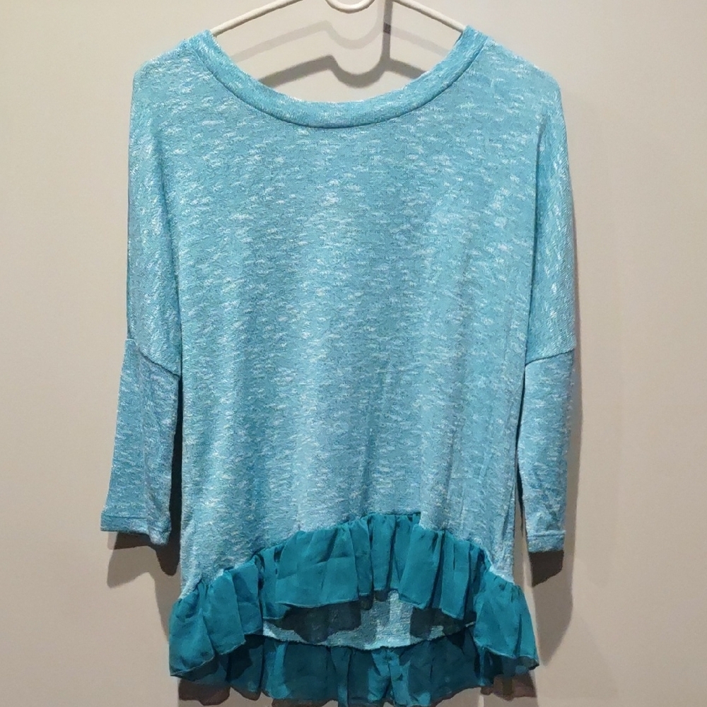Aqua Blue Sheer Ruffle Top, Blouse, Nwt
